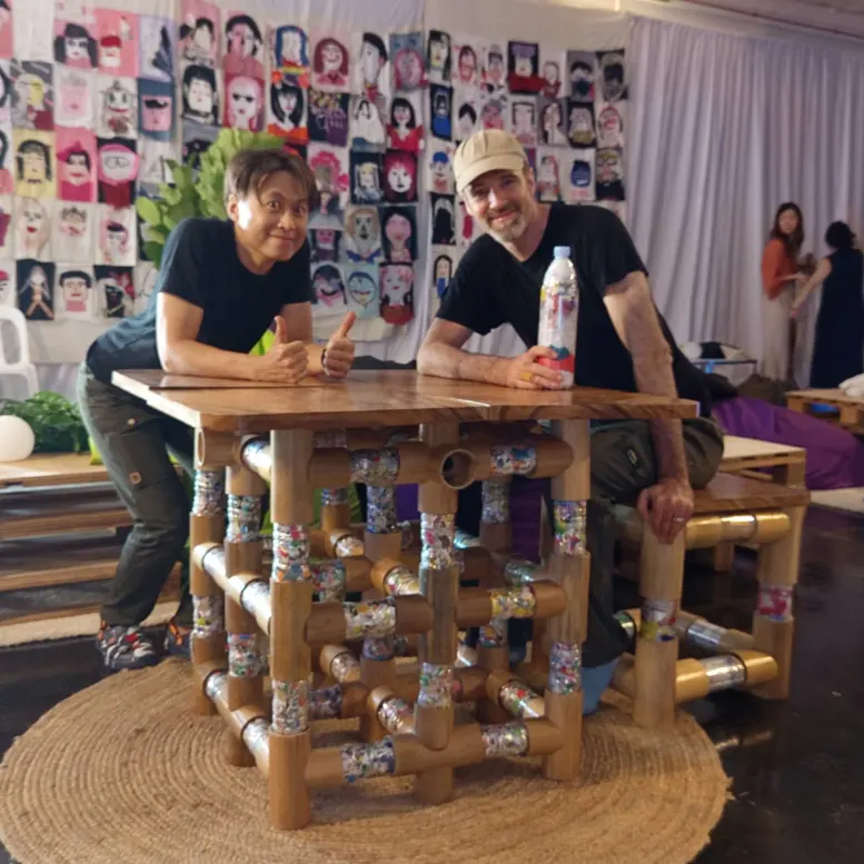 A table built from cubed ecobricks and ecojoiners
